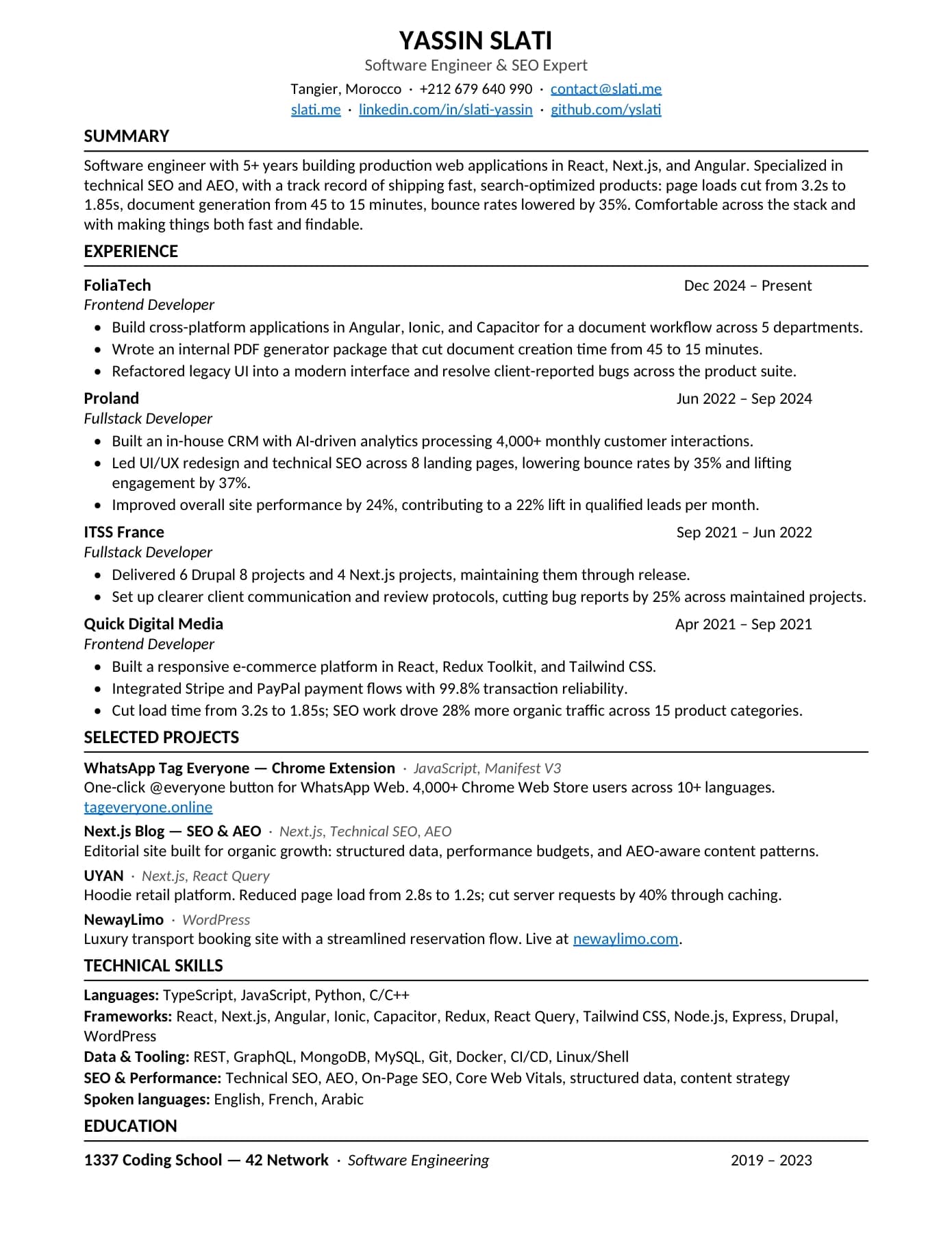 Preview of Yassin Slati's resume (opens the PDF)